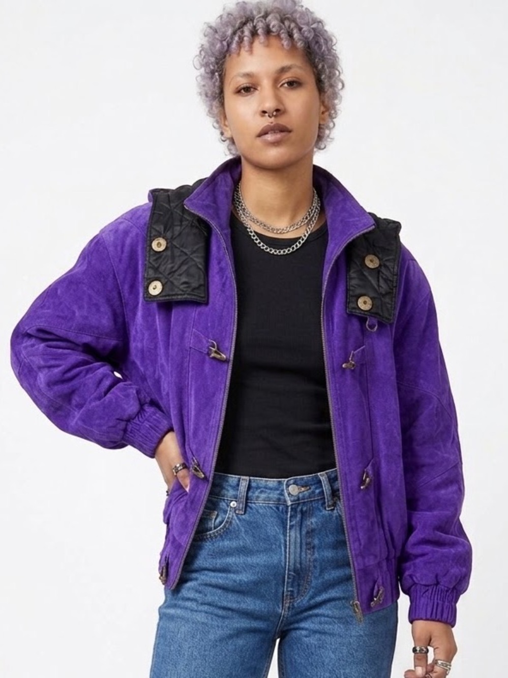 Vintage Royal Purple Bomber Jacket Genuine Suede Dolman Sleeve Maximalist Retro